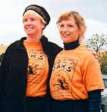 Melissa Criqui and Marsha Jacobs show off their "O in the Oaks" T-shirts for the Morgan Territory A-meet, October 2001 (Photo: Judy Koehler)