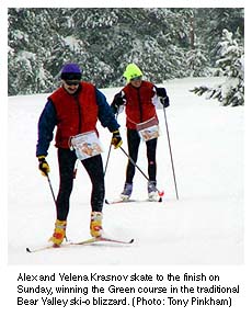 Alex and Yelena Krasnov win the Green course in the traditional Bear Valley blizzard.