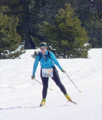 Brenda Giese, women's blue course champion, as seen finishing a blue course at Bear Valley in 2002. In 2003, Brenda placed first at Burton Creek and second at Royal Gorge.