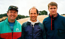 BAOC sweeps M40 Red at the Morgan Territory A-meet (from the left): Kent Ohlund 2nd Place, Steve Gregg 1st Place, and Tapio Karras 3rd Place; October 2001 (Photo: Judy Koehler)