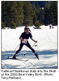 Vadimas Masalkovas skids to the finish at the 2002 Bear Valley Ski-O.